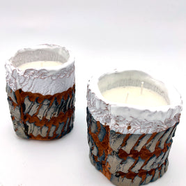 Two Ceramic Pot Candles in platinum glaze displayed side by side, highlighting their unique textured surfaces and artisanal craftsmanship.