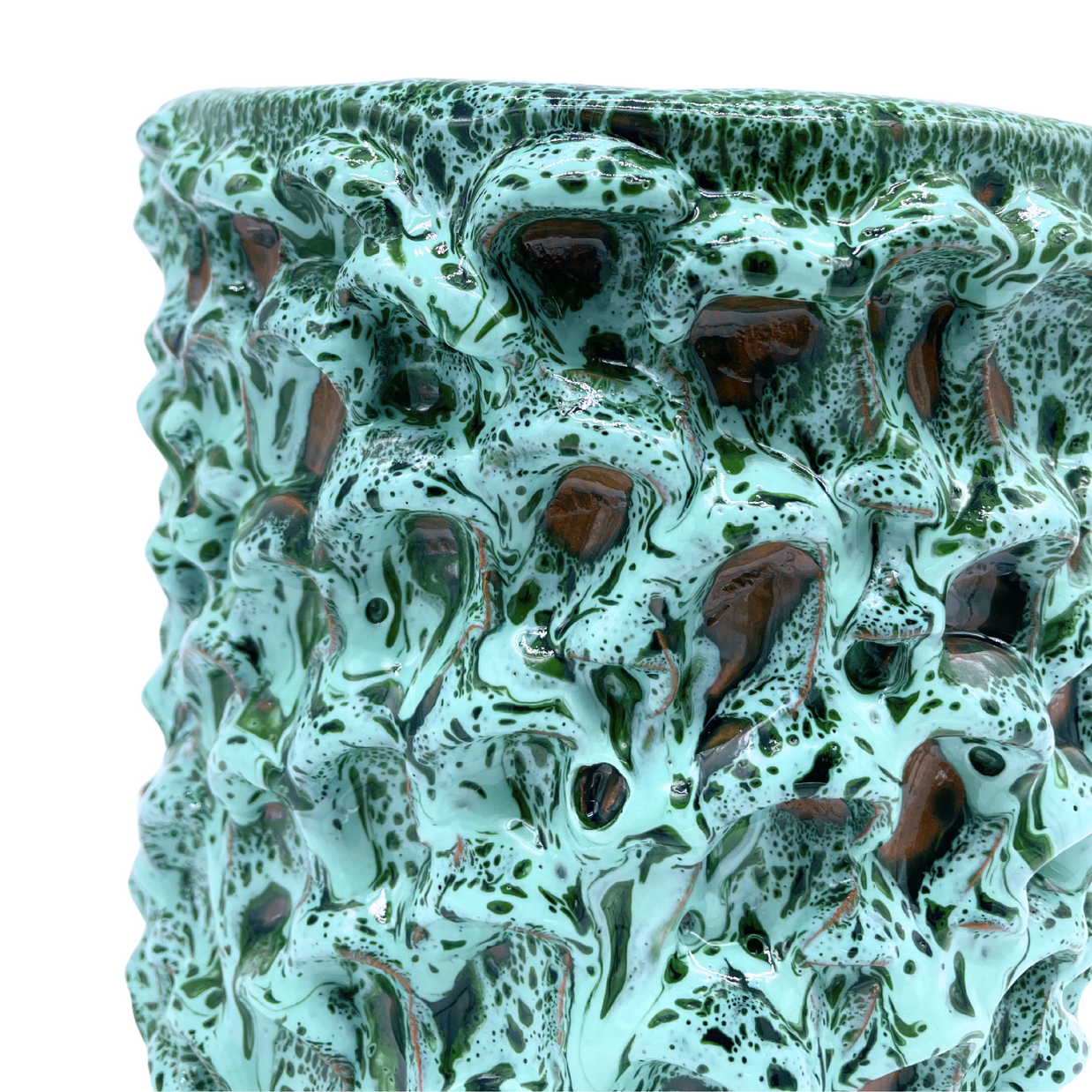Close-up of the Ceramic Vase in Aqua and Aventurine Green, emphasizing the one-of-a-kind texture and intricate surface details, reflecting the artisan’s approach to ceramics and design.