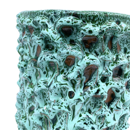 Close-up of the Ceramic Vase in Aqua and Aventurine Green, emphasizing the one-of-a-kind texture and intricate surface details, reflecting the artisan’s approach to ceramics and design.