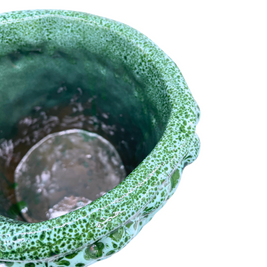 Upper view of the Ceramic Vase in Aqua and Aventurine Green, highlighting the blue rim with subtle green bubbles inside, blending artistic texture with functionality as a decorative vessel.