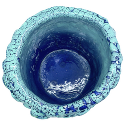 Upper view of the Ceramic Vase in Aqua and Saltwater Blue, showcasing the unique shades and texture along the rim and interior, blending artistry and functionality.