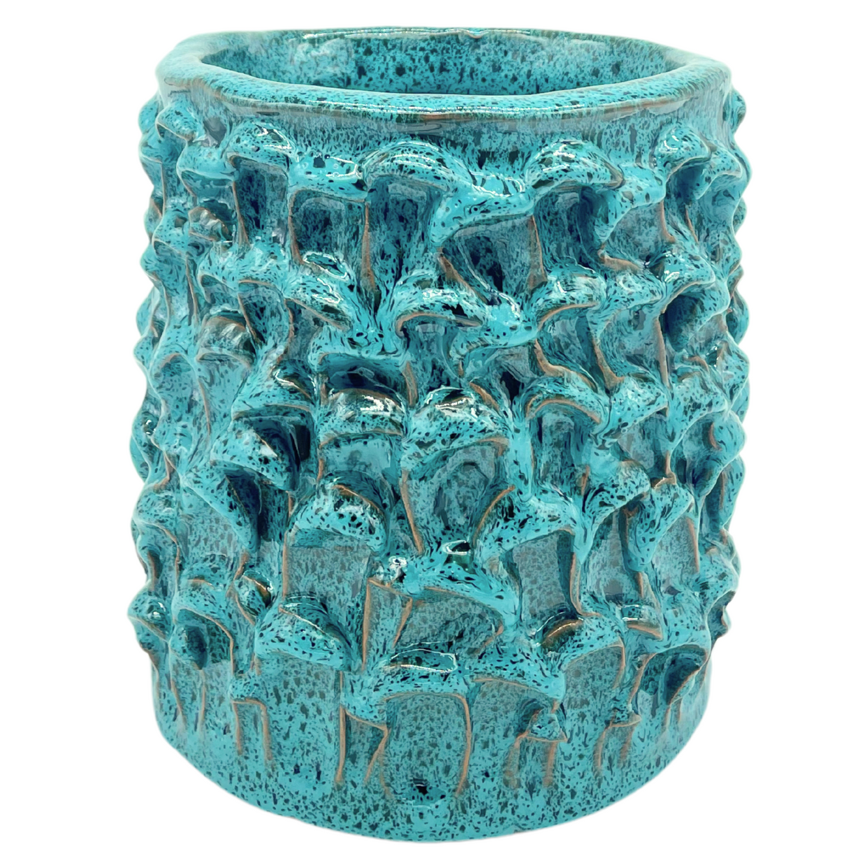Overview of the Ceramic Vase in Biscay Bay and Marine Blue, showcasing its unique hand-formed waves and textured surface, part of the Onda Series, with only 20 editions per color.