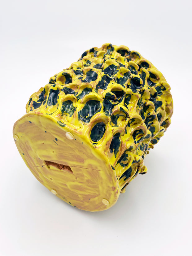 Bottom view of the Ceramic Vase in Cadmium Yellow and Izmir Blue, showcasing its handcrafted base and the distinct texture of the Onda Series.
