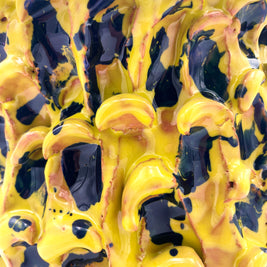 Close-up detail of the Ceramic Vase in Cadmium Yellow and Izmir Blue, emphasizing the texture, intricate wave patterns, and vibrant color blending.