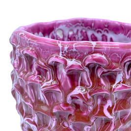 Close-up of the Ceramic Vase in Candy Violet and Lilac Glaze from a high diagonal angle, focusing on the subtle gradient and organic texture of the glaze.