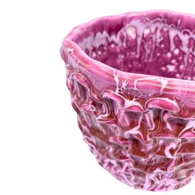 Upper diagonal perspective of the Ceramic Vase in Candy Violet and Lilac Glaze, highlighting its fluid shape and the intricate wave patterns of the Onda Series.