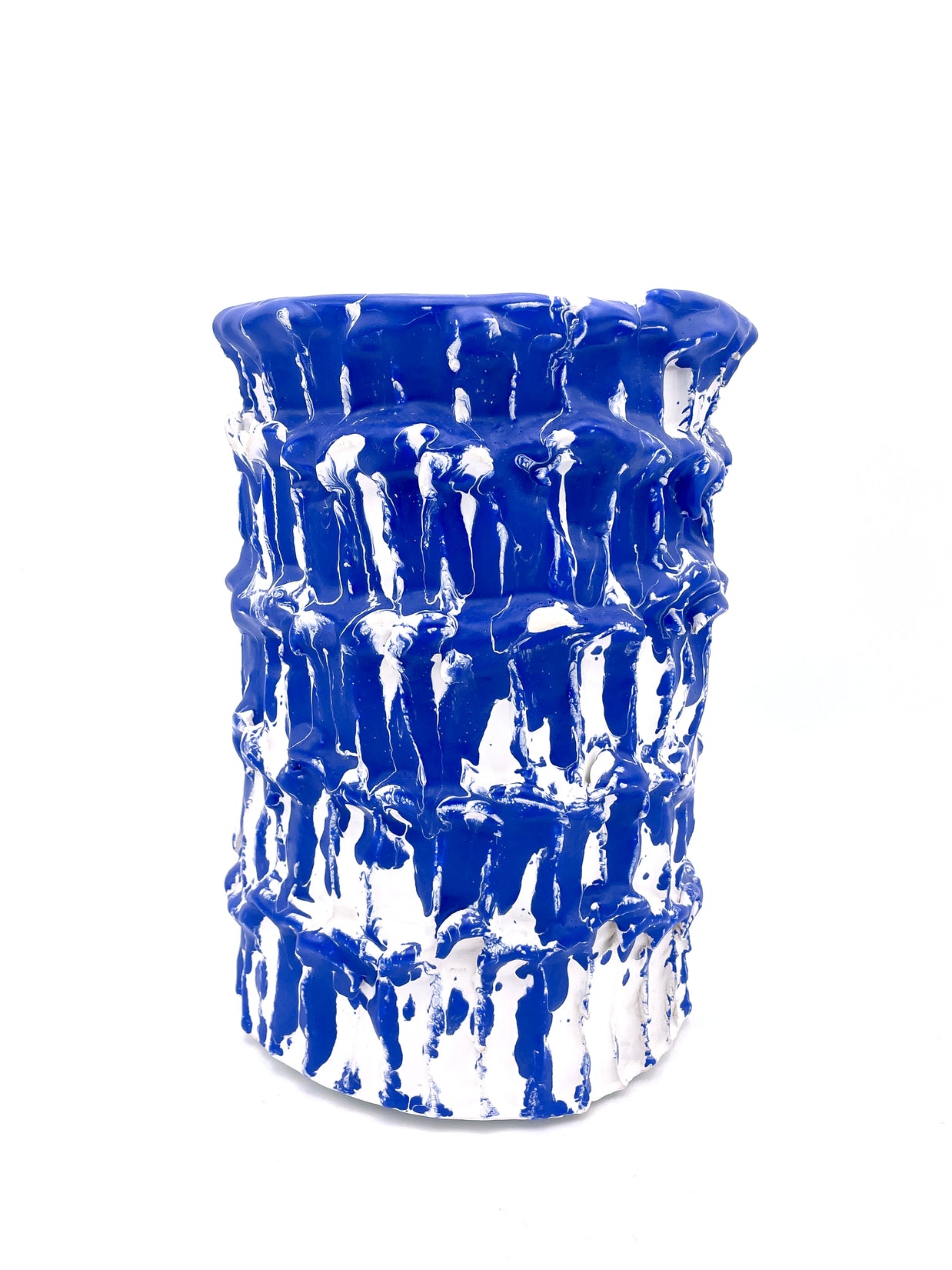 Overview of the Ceramic Vase in Egyptian Blue and White, displayed on a white background, emphasizing its elegant form, textured glaze and colours.