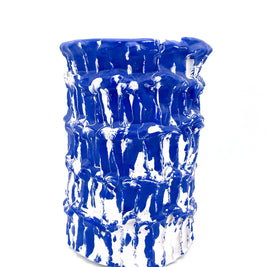 Overview of the Ceramic Vase in Egyptian Blue and White, displayed on a white background, emphasizing its elegant form, textured glaze and colours.