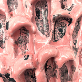 Zoomed-in detail of the Ceramic Vase in Haime Pink and Liquorice, showcasing the intricate glaze texture and tonal contrasts, with a net coloured texture.