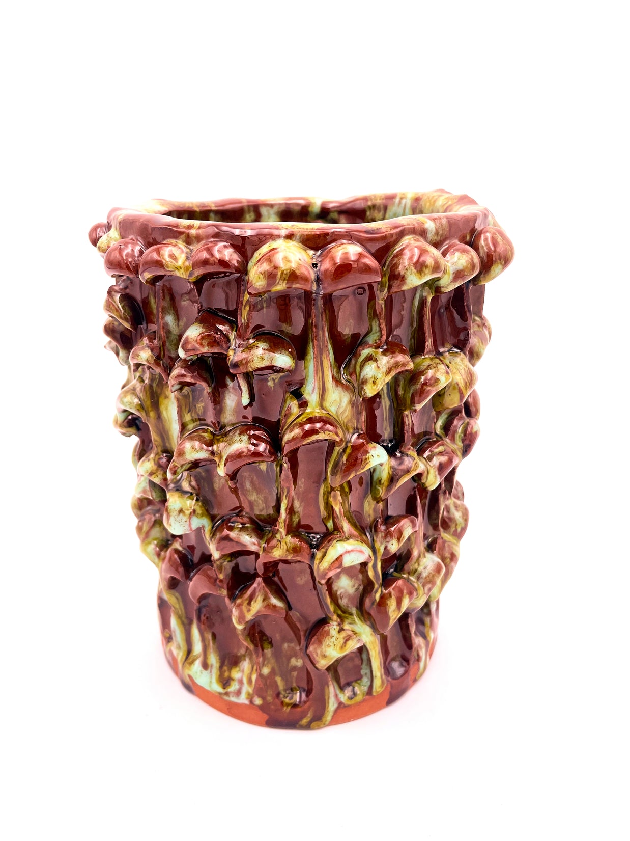 Front view of the Ceramic Vase in Honey and Turquoise, showcasing the opposite side with warm brown, green, and cerulean blue gradients on a white background.