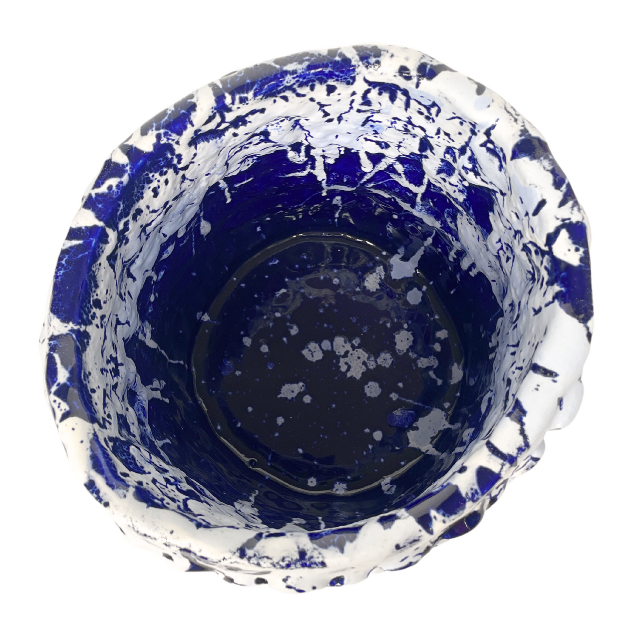 Upper view of the Ceramic Vase in Izmir Blue and Matte White, showing the smooth, almost uniform interior with subtle white drops on the blue.