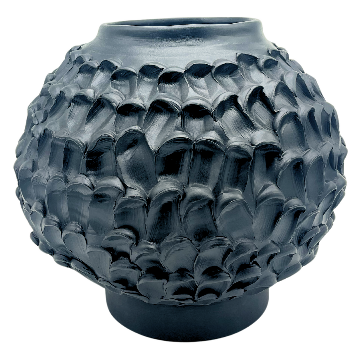 Front view of the Ceramic Vase in Licorice Black, highlighting its slightly narrower, smoother side, with a subtle tapering at the top against a white background.