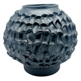 Front view of the Ceramic Vase in Licorice Black, highlighting its slightly narrower, smoother side, with a subtle tapering at the top against a white background.