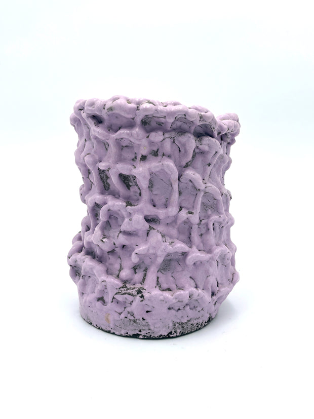 Front view of the Ceramic Vase in Lilac Bubble & Chocolate, featuring a soft pink base with black foam-like accents and bubble textures, set against a white background.