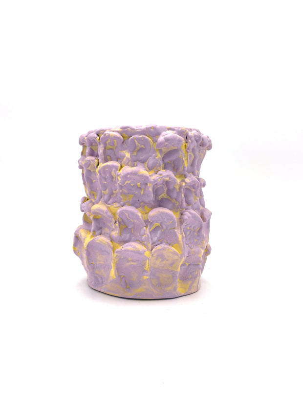 Front view of the Ceramic Vase in Lilac Bubble & Macaron Yellow, showcasing its pastel pink base with yellow accents, set against a clean white background.