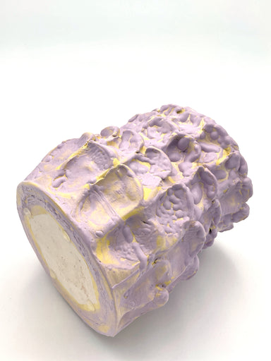 Horizontal view of the Ceramic Vase in Lilac Bubble & Macaron Yellow, showing the detailed base and subtle interplay between pink and yellow textures.