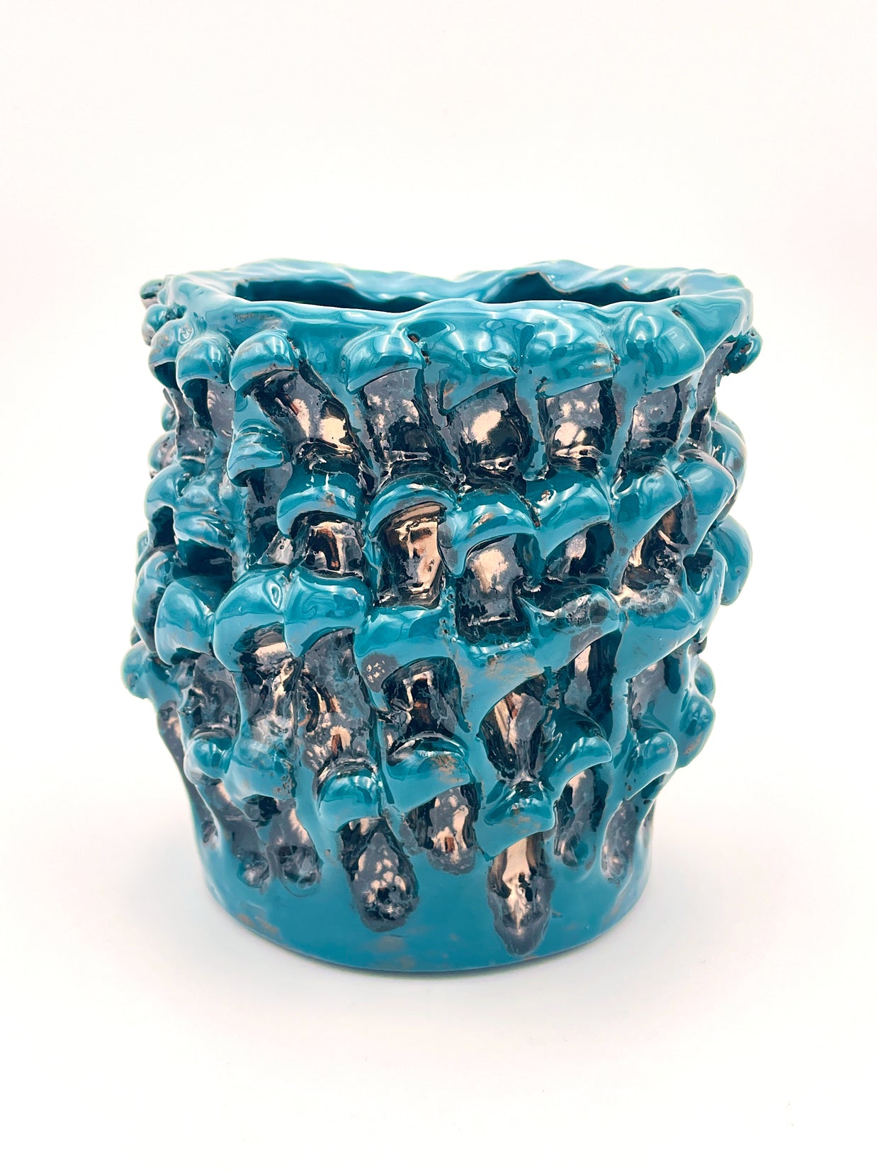 Front view of the Ceramic Vase in Metallic Biscay Bay, showcasing its glossy petrol blue finish with nearly  black and golden highlights, set against a white background.