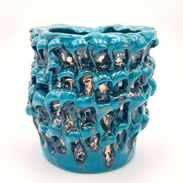 Front view of the Ceramic Vase in Metallic Biscay Bay, showcasing its glossy petrol blue finish with nearly  black and golden highlights, set against a white background.