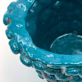 Close-up of the top rim of the Ceramic Vase in Metallic Biscay Bay, focusing on the glossy petrol blue and golden accents.