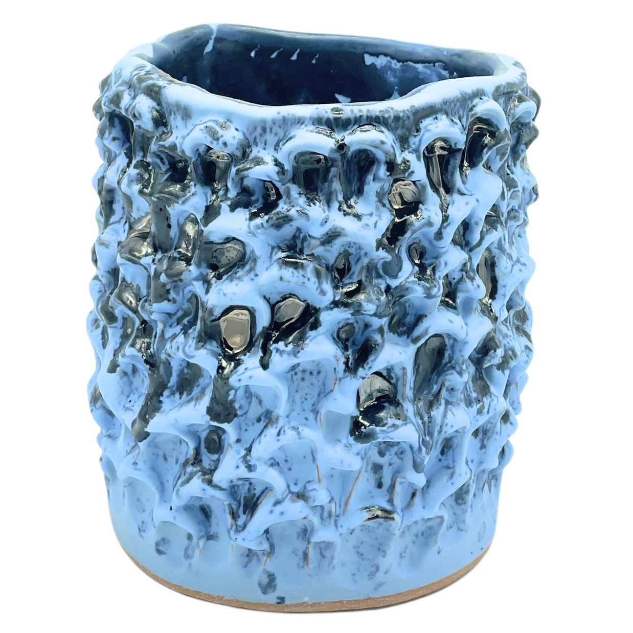 Front view of the Ceramic Vase in Whispy Matte Blue and Liquid Bronze, highlighting its light dolphin blue color with silvery and bronze splashes, set against a white background.
