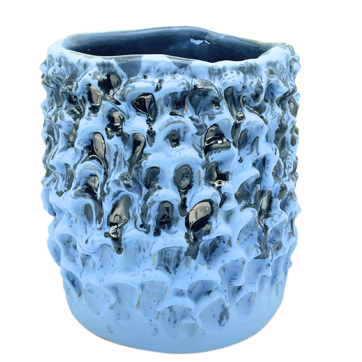 Front view of the Ceramic Vase in Whispy Matte Blue and Liquid Bronze from an alternate angle, showcasing the interplay of its silvery and bronze highlights.