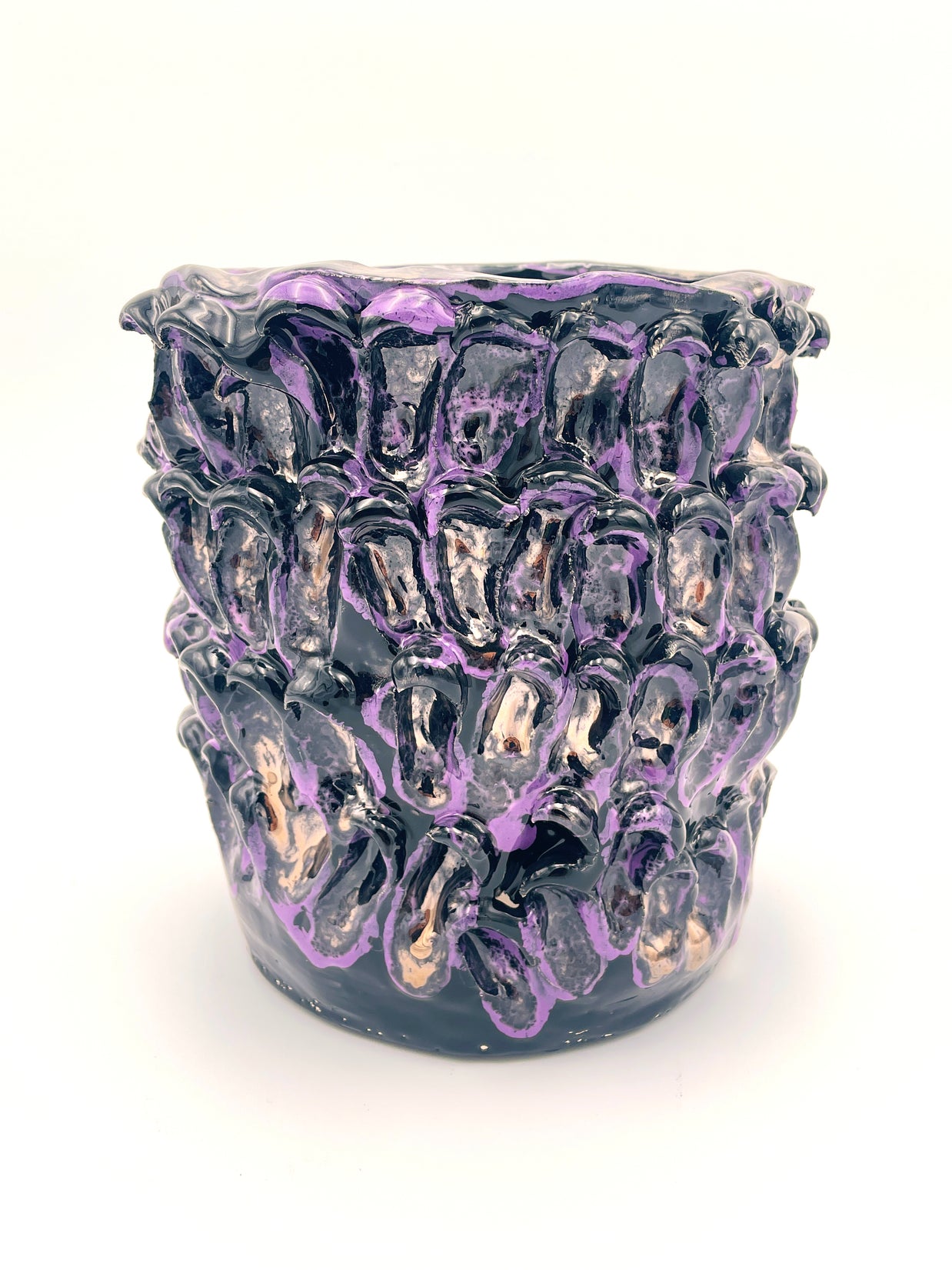 Front view of the Ceramic Vase in Metallic Purple, displaying its glossy finish with intense purple and bronze accents on a white background.