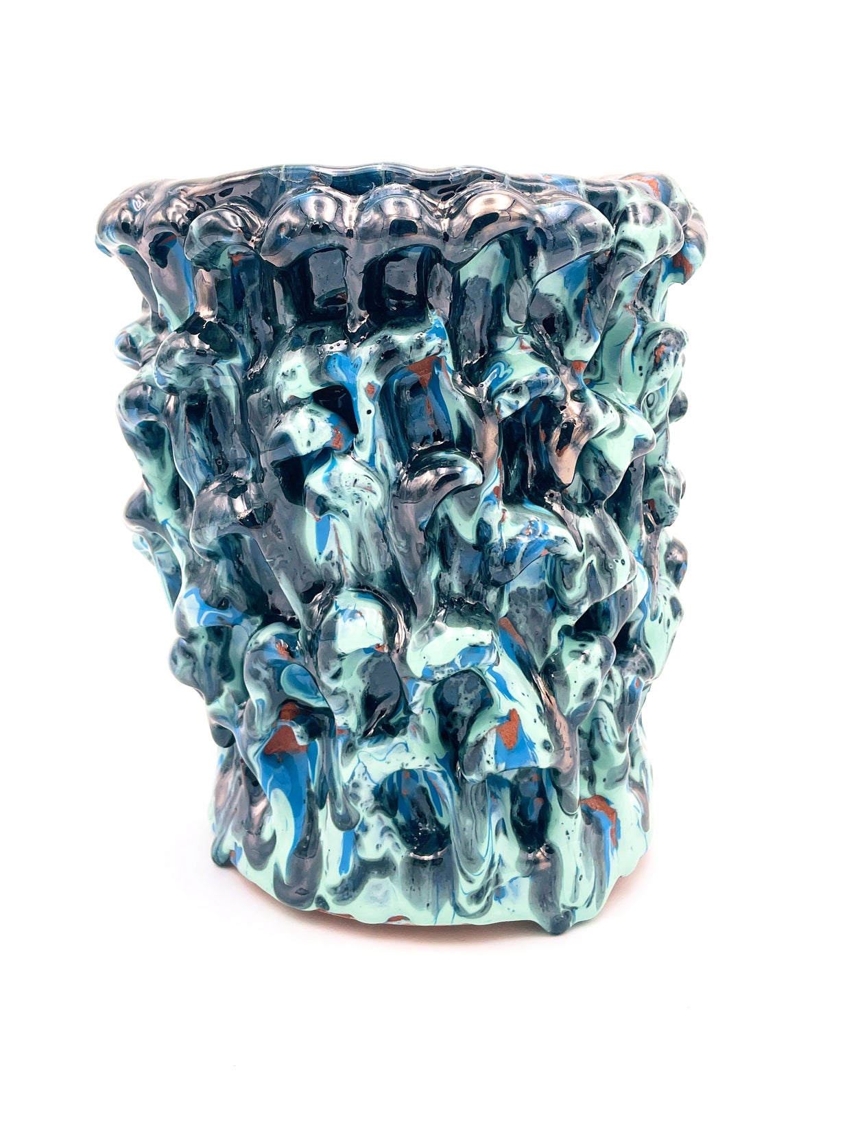 Front view of the Ceramic Vase in Metallic Tiffany and Turquoise, showcasing its smooth metallic glaze and elegant curvature on a white background.