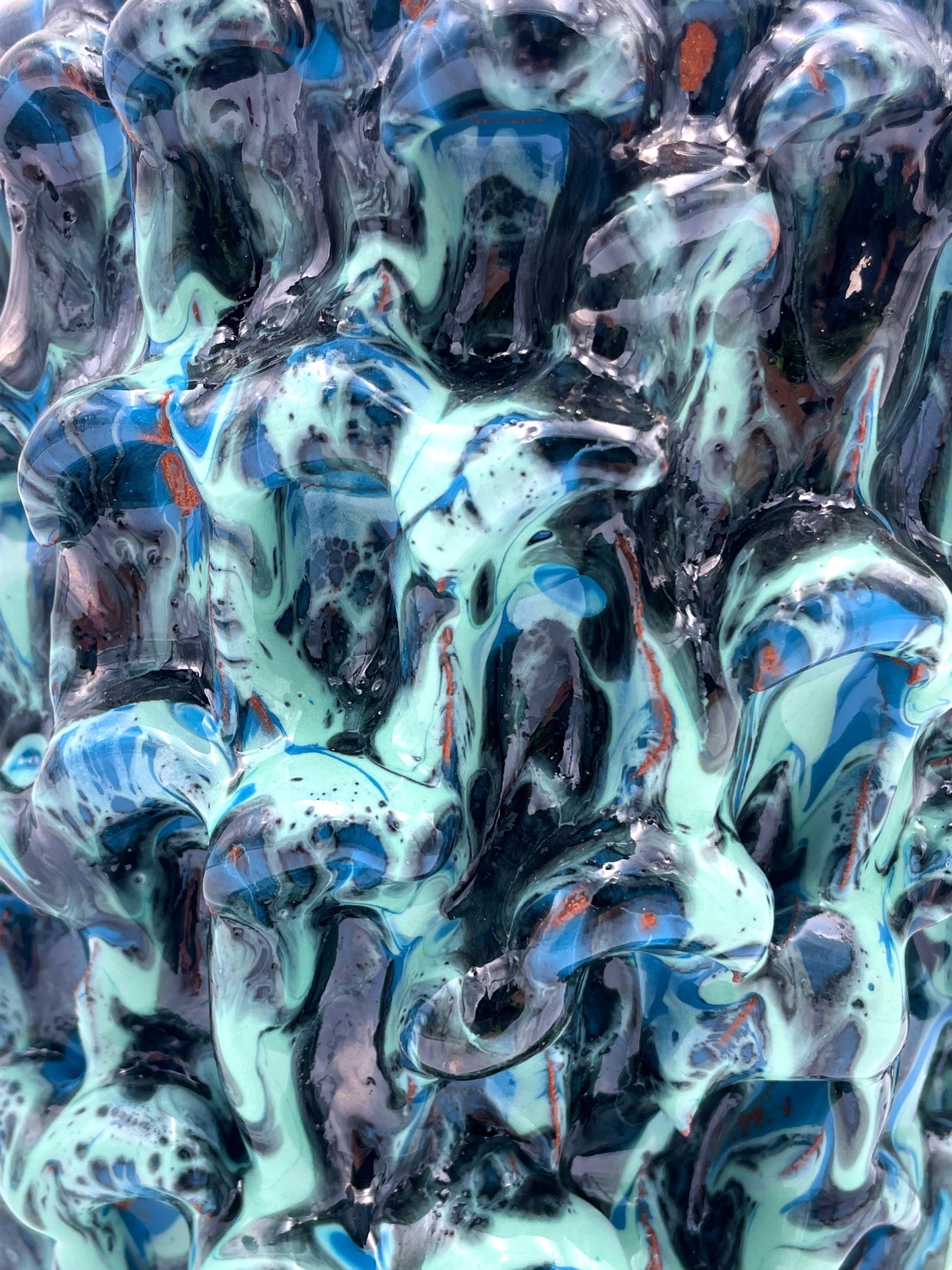 Close-up of the Ceramic Vase in Metallic Tiffany and Turquoise, highlighting its intricate surface texture with shimmering metallic tones and subtle transitions.