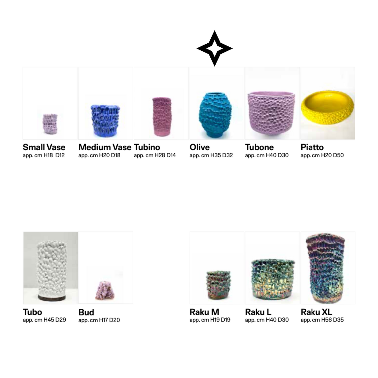 Infographic of the Ceramic Vase in Mineral Blush and Aventurine Green, detailing its height, width, and the unique hand-crafted characteristics of the 'Olive Vase' design from the Onda Series.