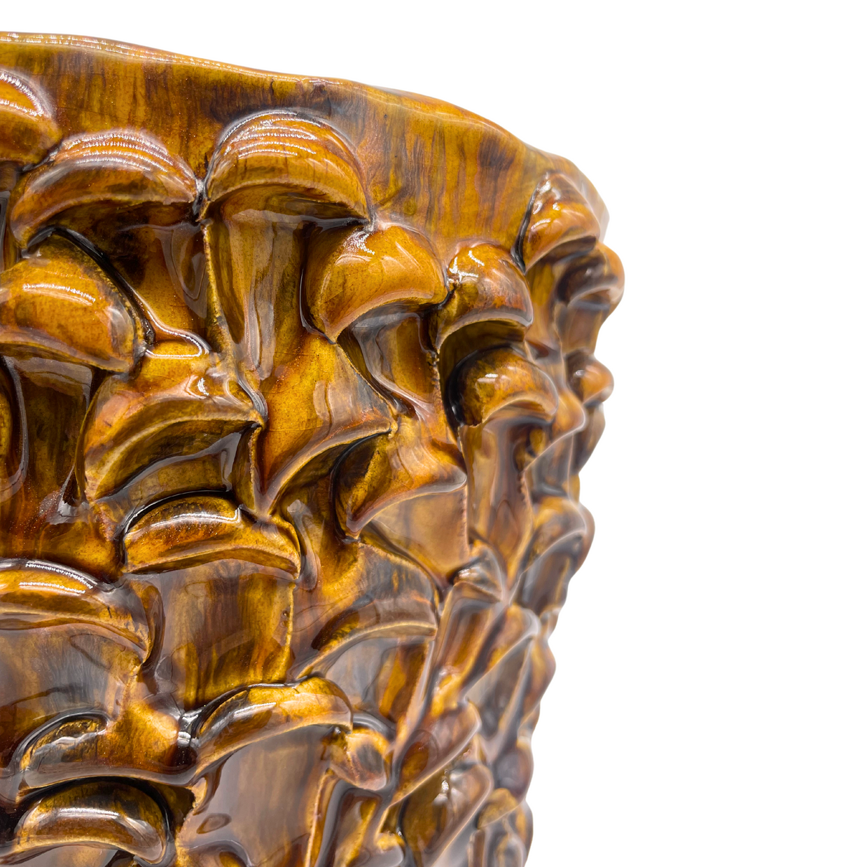 Another close-up of the upper side of the Ceramic Vase in Translucent Honey, focusing on the tactile surface and organic wave patterns.