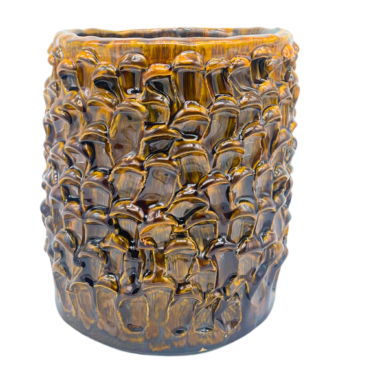 Front view of the Ceramic Vase in Translucent Honey, part of the Onda Series, set against a white background, showcasing its unique texture and organic wave design.