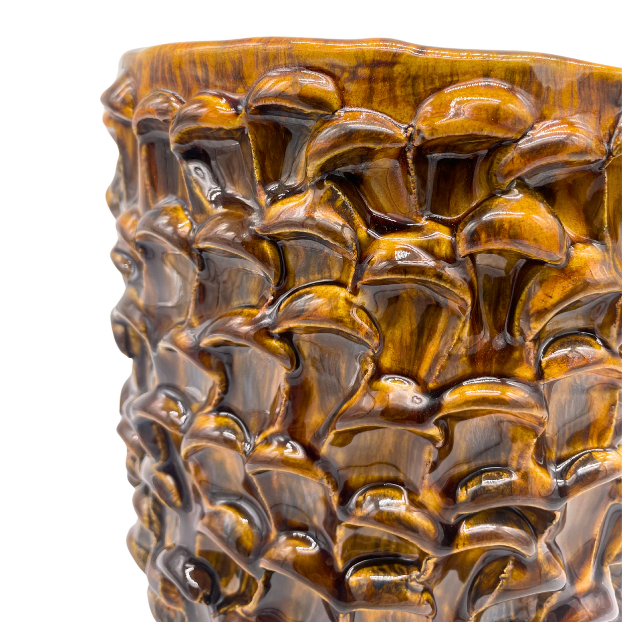 Close-up detail of the upper side of the Ceramic Vase in Translucent Honey, highlighting the hand-formed waves and intricate shaded texture.