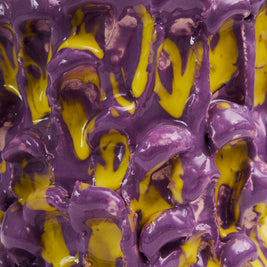 Close-up detail of the Ceramic Vase in Velvet Purple and Lemon Yellow, showing its delicate texture and intricate yellow drip pattern, on a gray background.