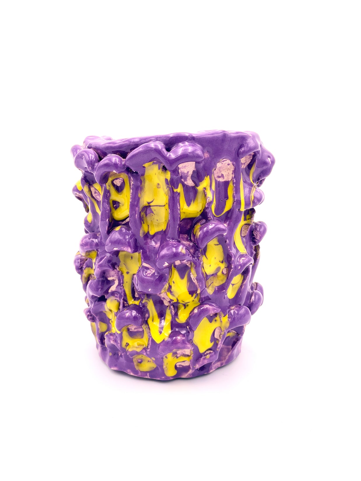 Front view of the Ceramic Vase in Velvet Purple and Lemon Yellow, featuring a matte pastel finish with vibrant yellow drip effects, on a white background.