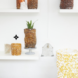 Focused composition of two Ceramic Vases in Creme Caramel on white shelves, one with a plant on a pedestal and the other empty, with blurred colorful vases in the background.